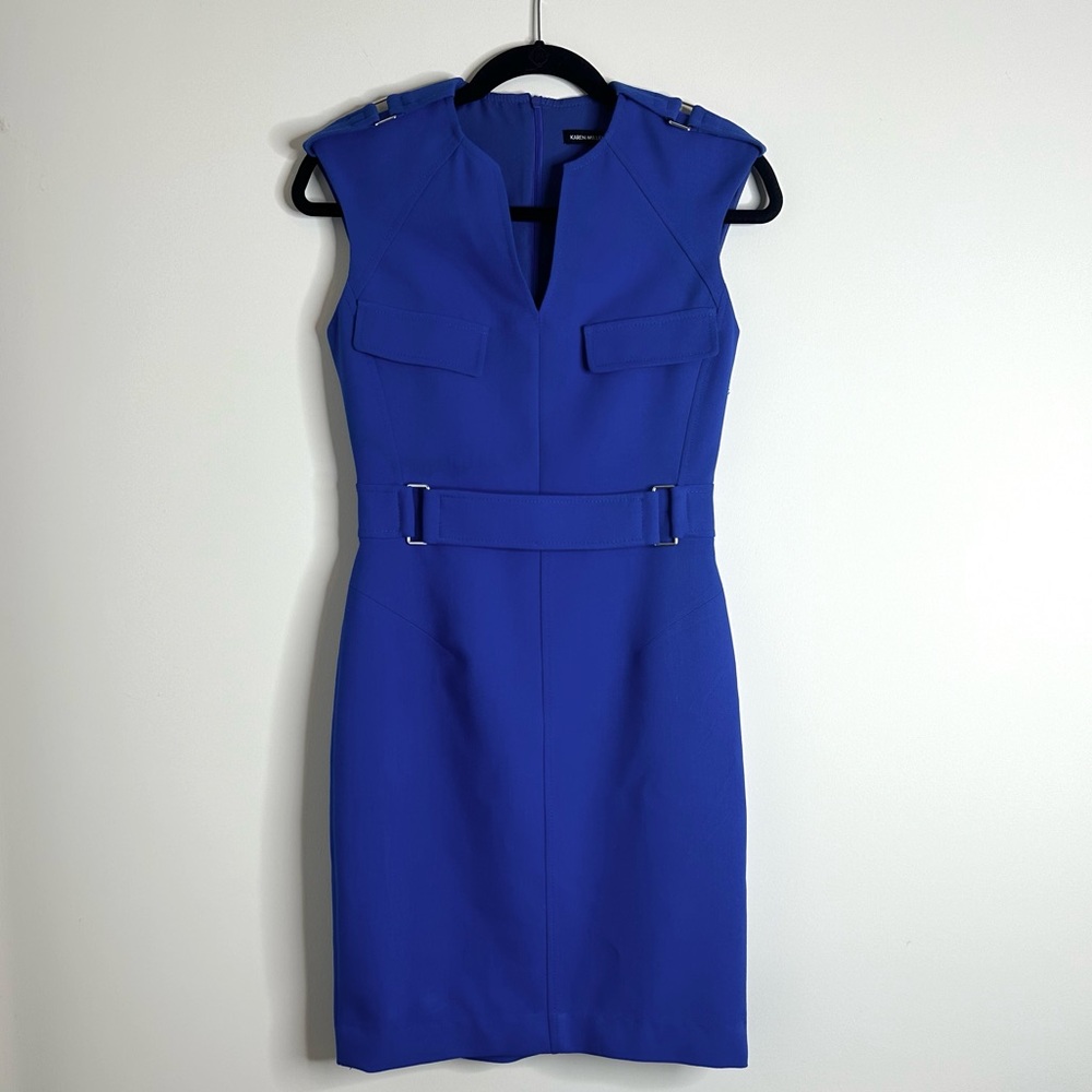 Blue Knee Length Business Casual Pencil Dress